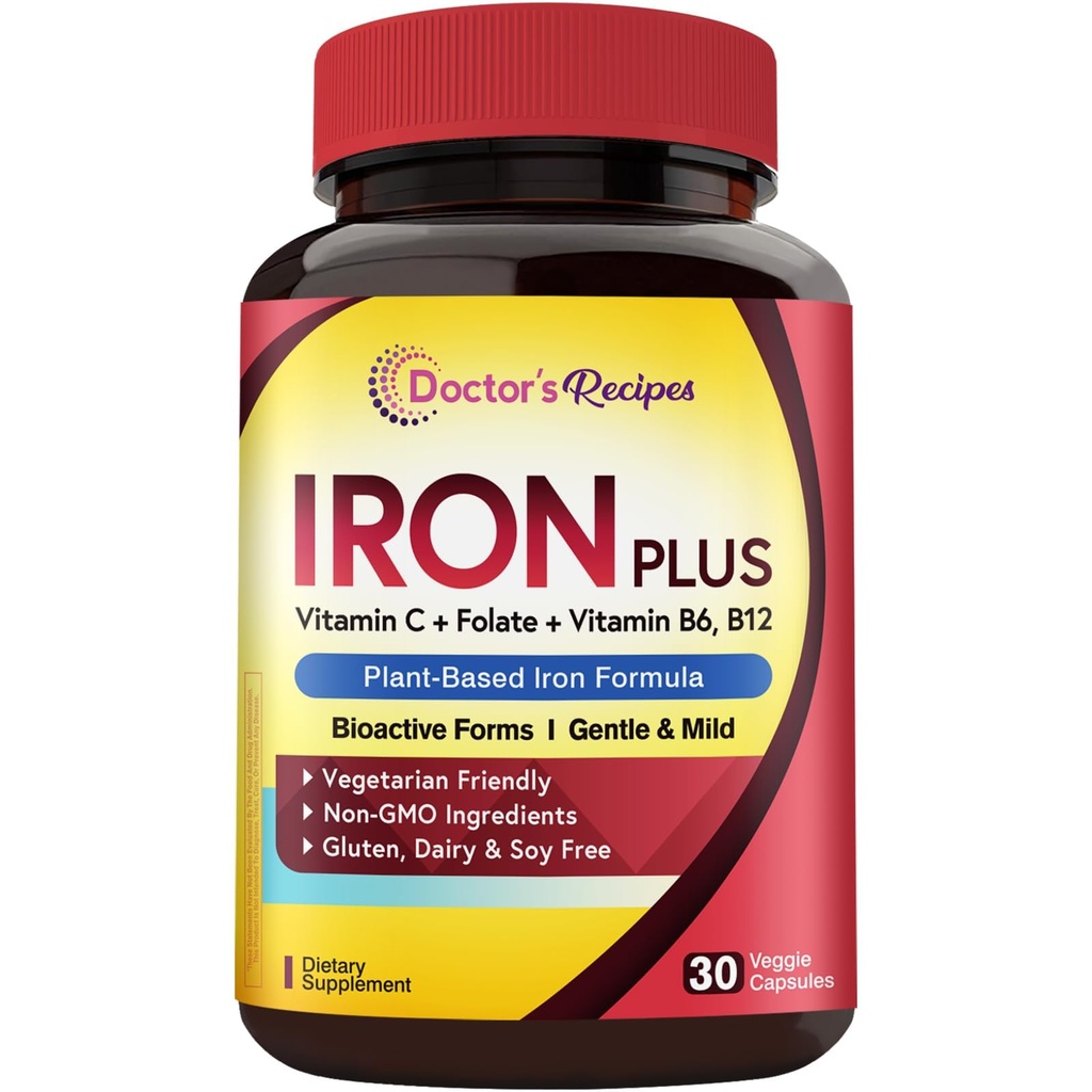 Doctor's Recipes Iron Supplement for Women Men - Gentle Iron Bisglycinate with Vitamin C, B6, Folate & B12, Stomach Friendly Iron Pills, 30 Vegan Caps
