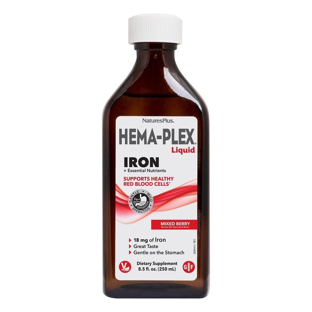 NaturesPlus Hema-Plex Liquid Iron, Mixed Berry - 8.5 oz - Iron & Essential Nutrients - Vegan, Gluten Free - 25 Servings