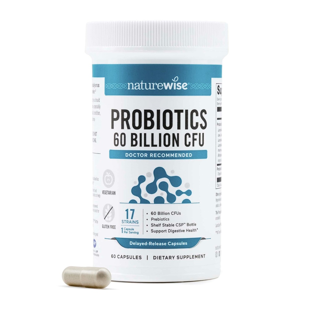 NatureWise Probiotics 60 Billion CFU - 17 Strains + Organic Prebiotics - Immune, Digestive & Gut Health Support for Women & Men - Vegetarian, Gluten-Free, Non-GMO - 60 Capsules[2-Month Supply]