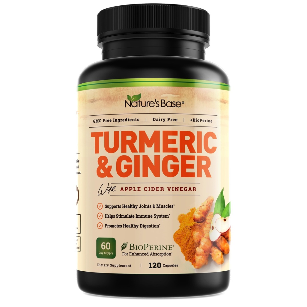 Nature's Base Turmeric and Ginger Supplement - with Curcumin, Apple Cider Vinegar & BioPerine Black Pepper Extract - 95% Curcuminoids - 120 Capsules
