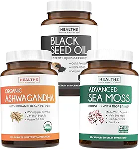 Save $8 (16% Off) - Harmony Essentials: Wellness Trio Bundle - Black Seed Oil -100% Cold-Pressed Nigellia Sativa | Organic Ashwagandha - Natural Adrenal & Thyroid Support | Irish Sea Moss - Vegan
