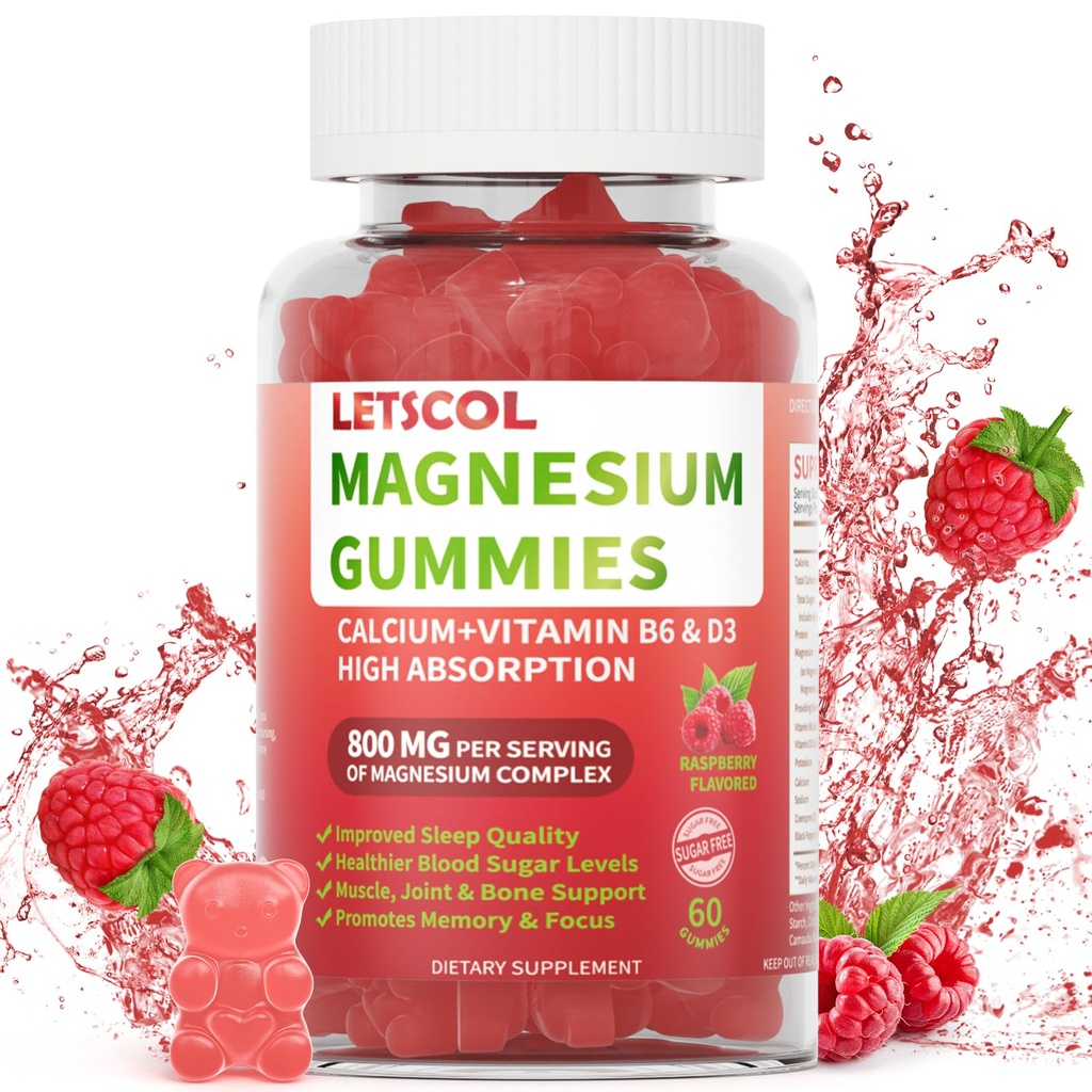 Magnesium Glycinate Gummies 800mg Per Serving, Sugar Free Magnesium Supplement with Magnesium Malate, Calcium, Vitamin D3, B6, CoQ10 for Calm Support & Zzz for Adults Kids