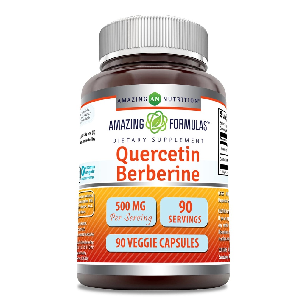 Amazing Formulas Quercetin 250 Mg & Berberine 250 Mg | Veggie Capsules Supplement | Non-GMO | Gluten-Free | Made in USA (1 Pack | 90 Count)