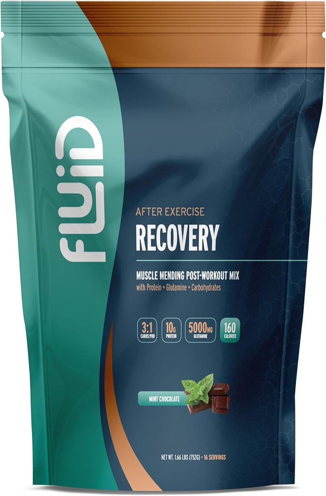 Fluid Recovery Post-Workout Drink Mix, Whey Isolate Protein, L-Glutamine, Carbs, All Natural Ingredients, Gluten-Free, Lactose-Free, Delicious After Exercise Muscle Recovery (Mint Chocolate)