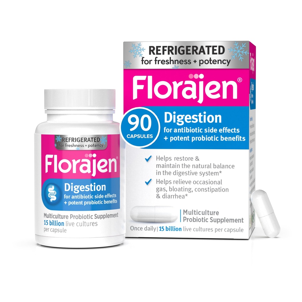 Florajen Digestion Probiotic - Advanced Gut Health Supplement for Constipation & Bloating Relief - 15 Billion Live Cultures - Multi-Strain Formula - Refrigerated for Potency & Freshness - 90 Capsules
