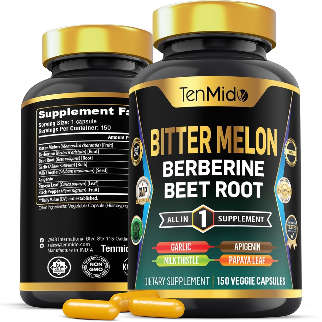 Bitter Melon Capsules - 8in1 Formula - Combine with Berberine, Beet Root, Garlic, Milk Thistle, Apigenin, Papaya Leaf, and Black Pepper - 150 Vegan Capsules for 5 Months Supply