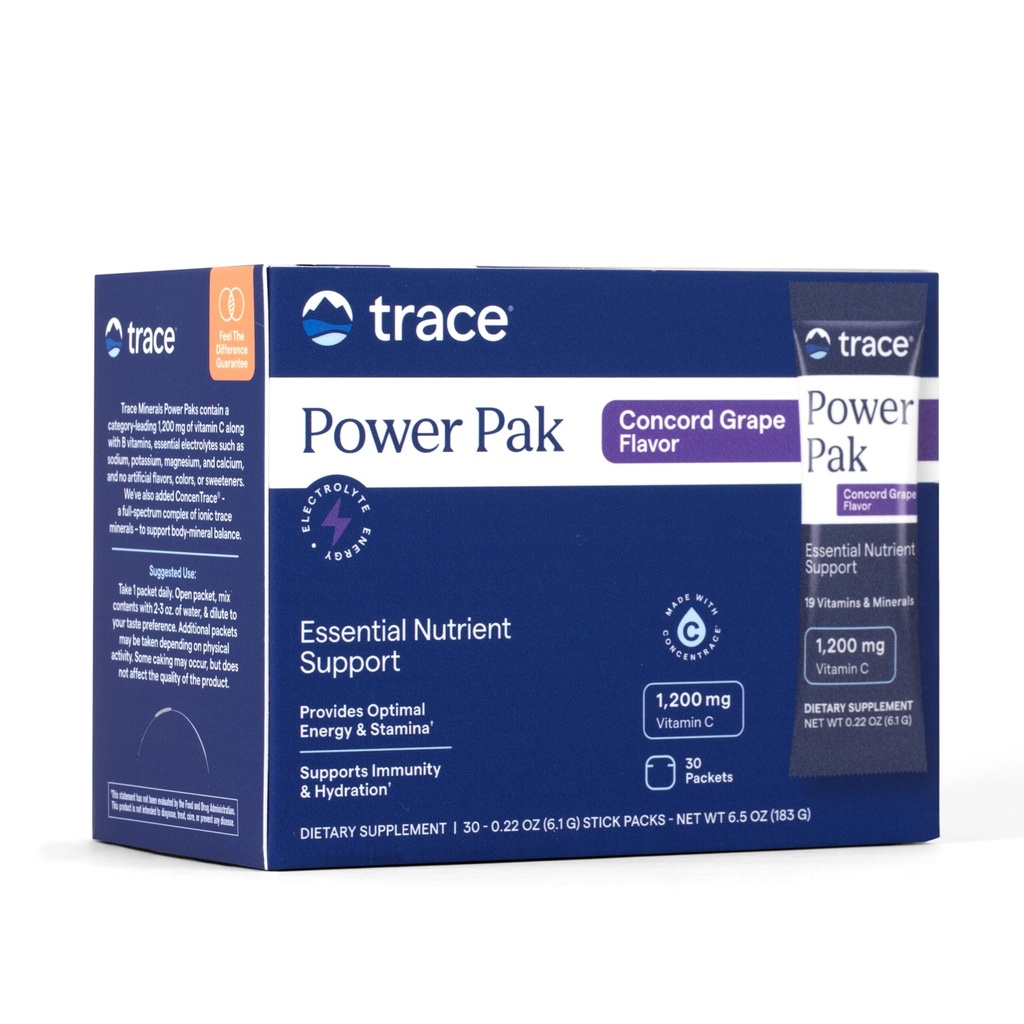 Trace Minerals | Power Pak Electrolyte Powder Packets | 1200 mg Vitamin C, Zinc, Magnesium | Boost Immunity, Hydration and Natural Energy | Concord Grape | 30 Packets