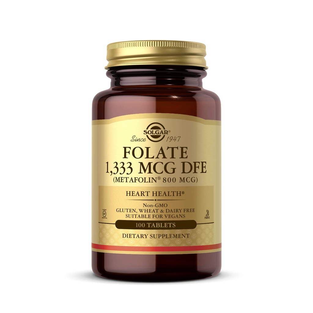 Solgar Folate 1,333 mcg DFE (Metafolin 800 mcg) - 100 Tablets - Prenatal Vitamin - Non-GMO, Gluten Free, Dairy Free, Kosher - 100 Servings