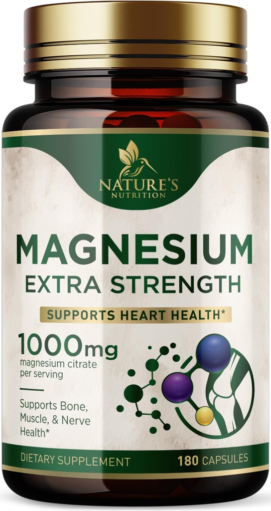 Magnesium Citrate 1000mg Per Serving - Extra Strength Magnesium for Bone, Muscle, Nerves & Heart Health Support, Natural Magnesium Supplement for Calm & Whole Body Support, USA Bottled - 180 Capsules