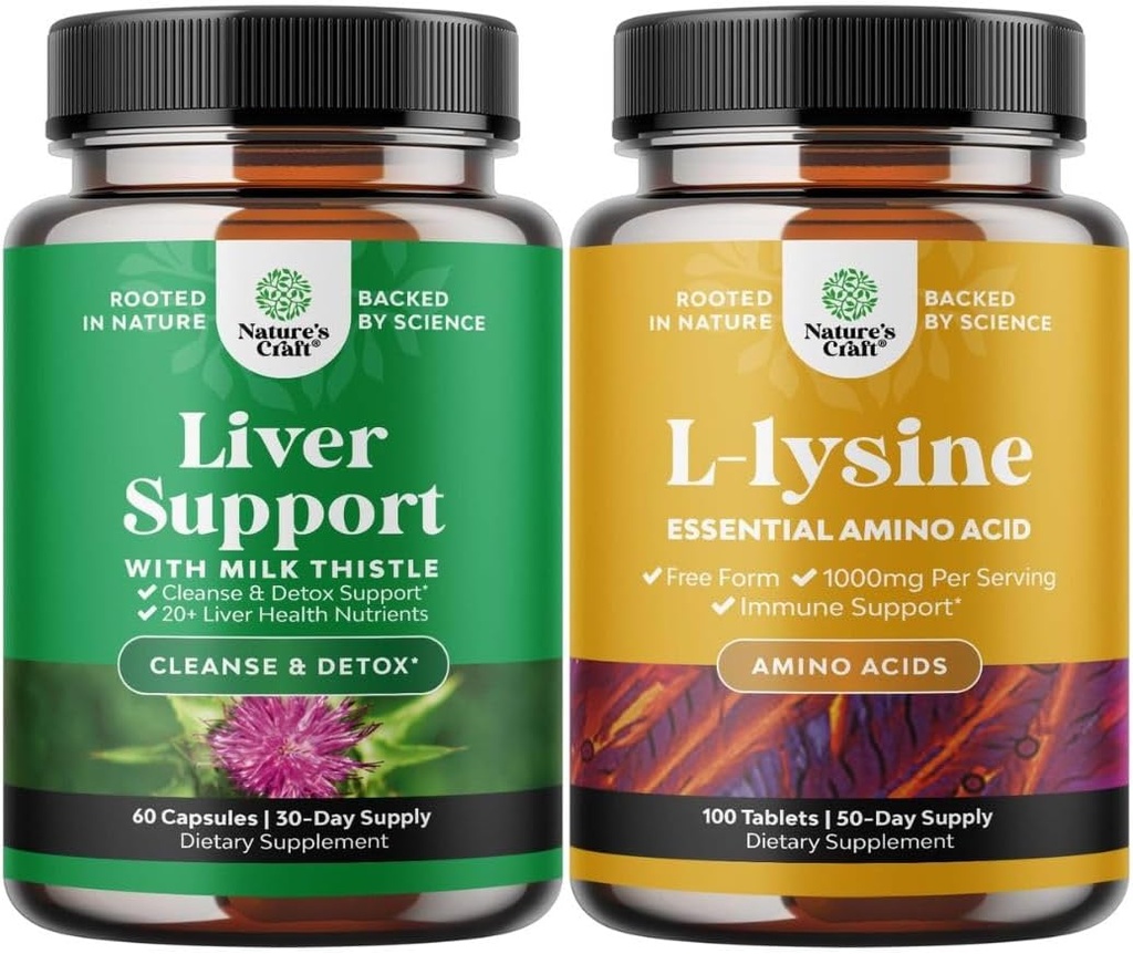 Bundle of Milk Thistle Liver Support Supplement and L Lysine 1000mg Nutritional Supplements - Herbal Liver Supplement with Silymarin Milk Thistle - L-lysine Essential Amino Acids Supplement
