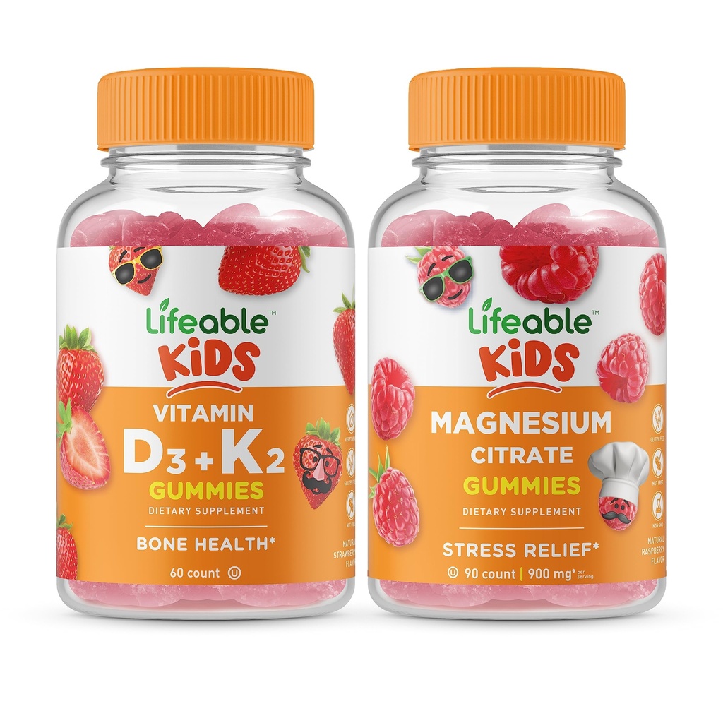 Lifeable Vitamin D3 + Vitamin K2 Kids + Magnesium Kids, Gummies Bundle - Great Tasting, Vitamin Supplement, Gluten Free, GMO Free, Chewable Gummy