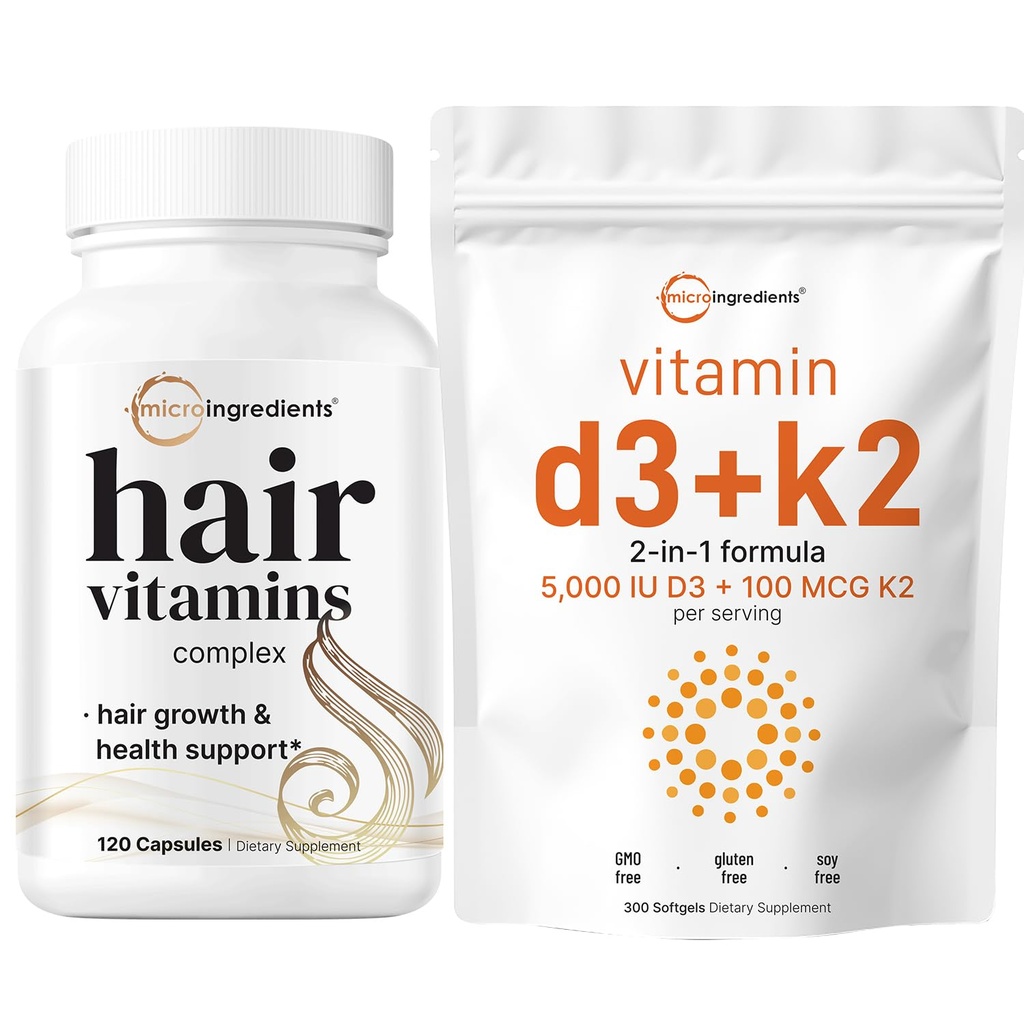 Micro Ingredients Vitamin D3 5,000iu + K2 100mcg Softgels & Hair Vitamins Complex Capsules Bundle 2 Pack | Essential Sunshine Vitamins | 14-in-1 Advanced Hair Growth Support