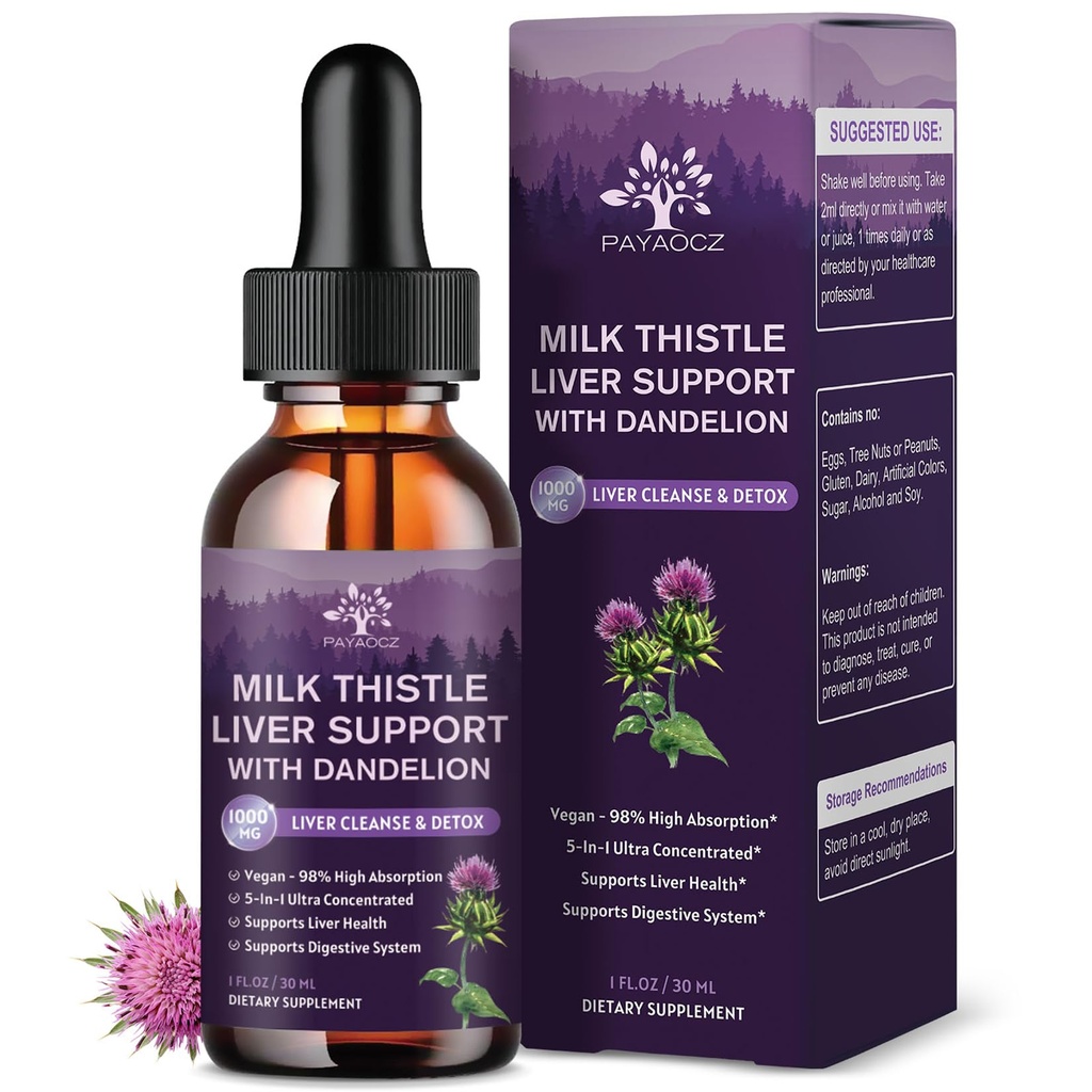 (4 Pack) Milk Thistle Liquid Drops Silymarin 1000mg, Liver Supplement Detox & Cleanse with Dandelion & Artichoke, Milk Thistle Organic Extract for Support Repair Liver Health, Vegan, Non-GMO, 1 Fl Oz