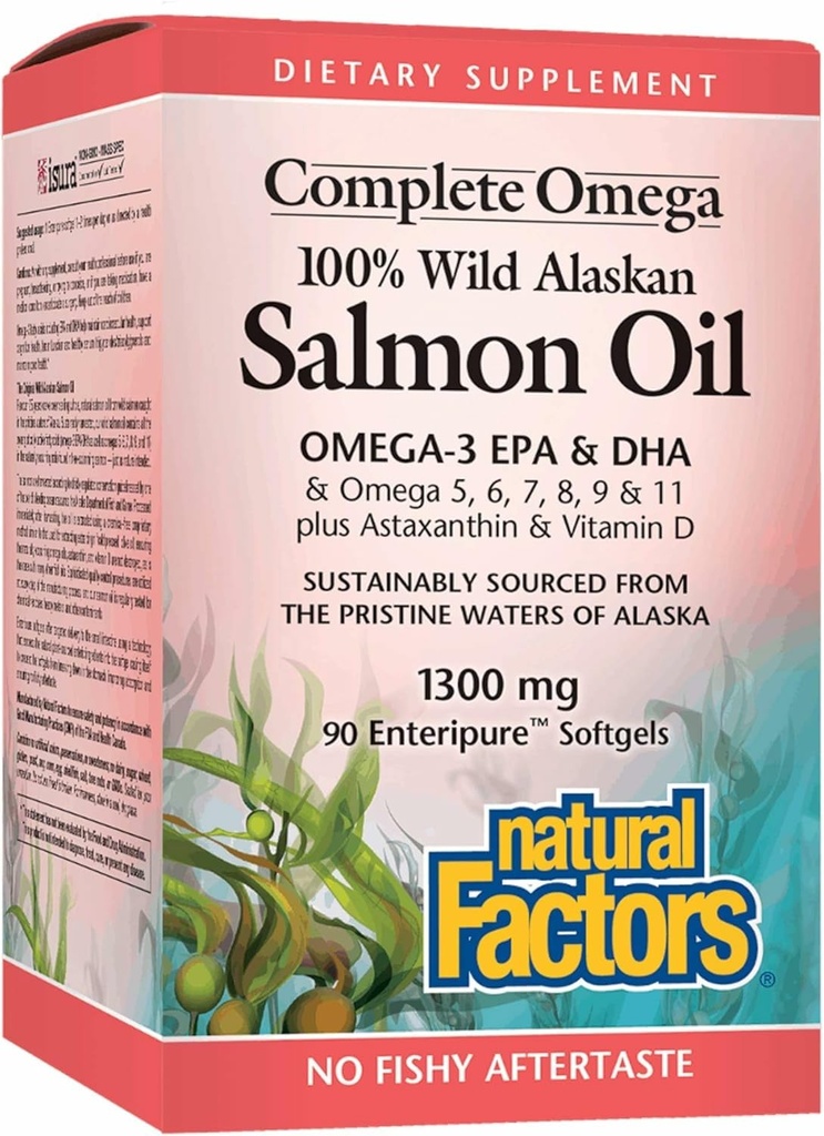 Natural Factors 100% Wild Alaskan Salmon Oil - Brain & Eye Health Support Supplement - Fish Oil Supplement for Healthy Heart & Joints - 90 Enteripure Softgels (90 Servings)