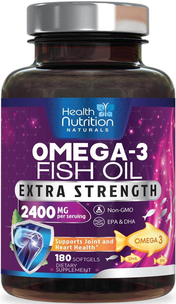Omega 3 Fish Oil Supplements - 2400mg Fish Oil Per Serving - Triple Strength Omega-3 with EPA & DHA Fatty Acids - Natural Heart, Brain & Immune Support - Wild Caught, Bottled in USA - 180 Softgels