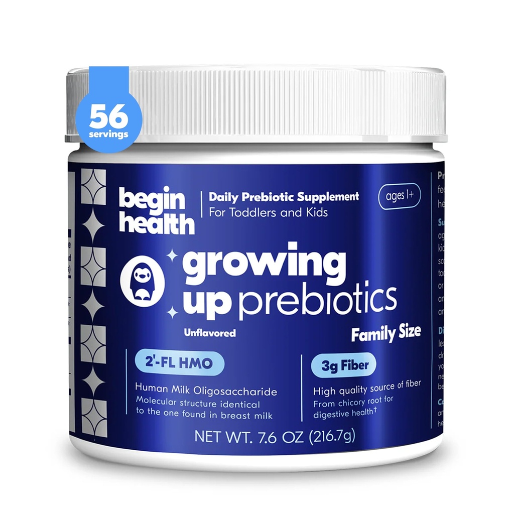 Begin Health Growing Up® Prebiotics for Kids | Daily Prebiotic Fiber Supplement with 2'-FL HMO | Supports Regularity & Gut Health | Unflavored Powder | Ages 1+ | 56 Servings