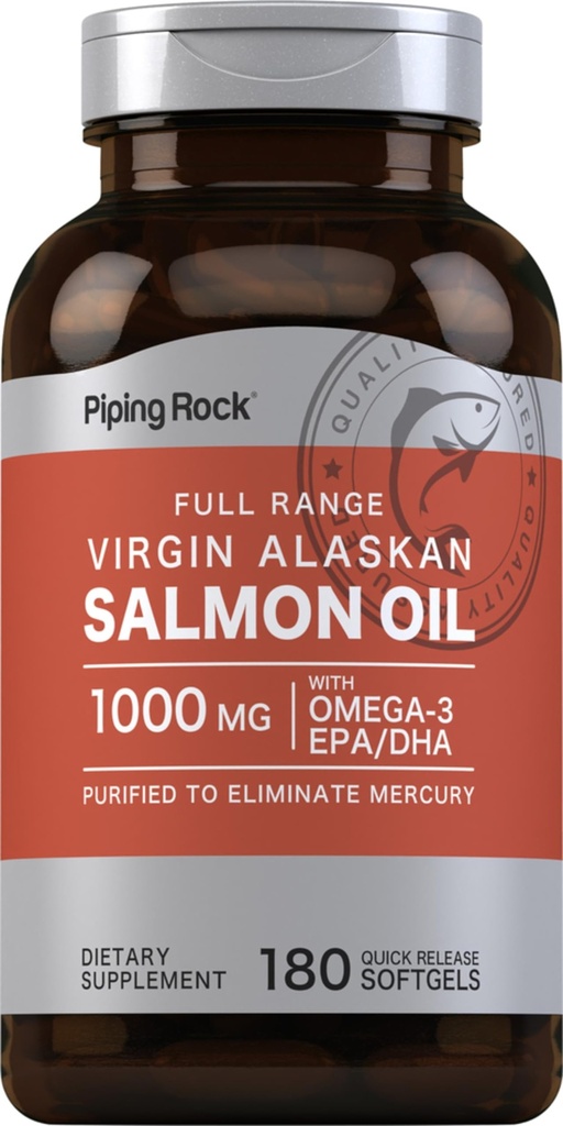 Piping Rock Wild Alaskan Salmon Oil for Humans | 1000mg | 180 Softgel Capsules | Omega 3 Supplement with EPA and DHA | Non-GMO and Gluten Free