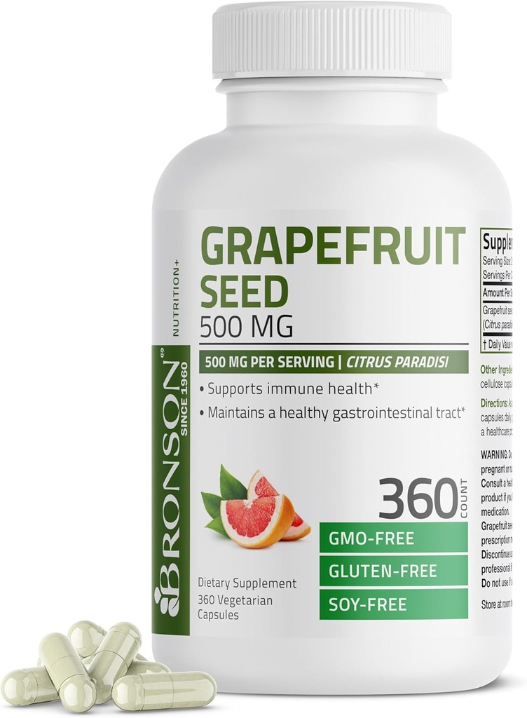 Bronson Grapefruit Seed Extract 500 MG per Serving Citrus Paradisi Supports Immune Health & Helps Maintain a Healthy Gastrointestinal Tract - Non-GMO, 360 Vegetarian Capsules
