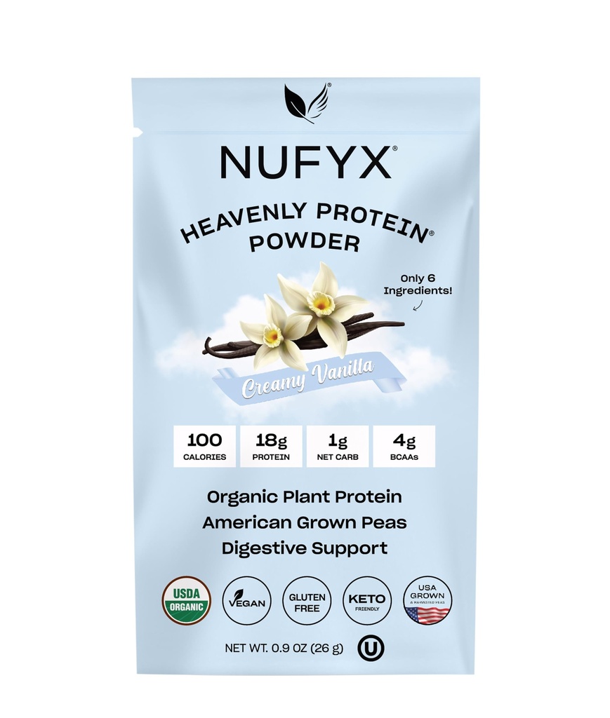 NUFYX® Family Owned Protein Powder, Organic Plant-Based, Made with 100% USA Grown Peas, 18g Protein for 100 Calories, Only 6 Ingredients, Digestive Support (Creamy Vanilla, Packet)
