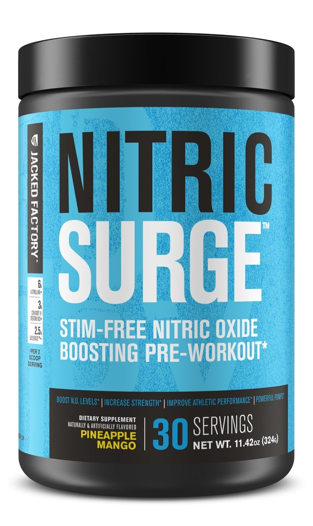 Jacked Factory Nitric Surge Stim Free Pre Workout Powder - Caffeine-Free Nitric Oxide Supplement w/Con-Cret Creatine, L Citrulline, & GlycerSize Glycerol - Pineapple Mango, 30 Servings