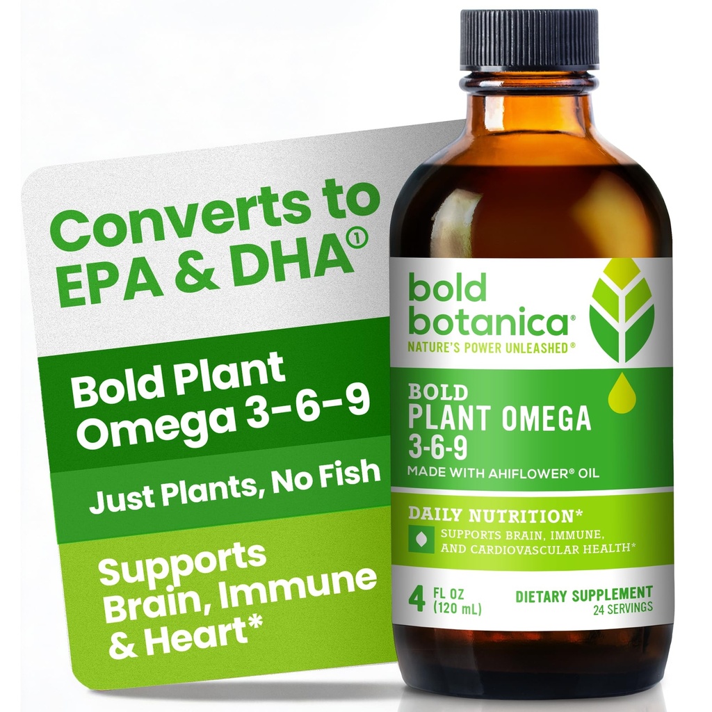 Bold Botanica Plant Vegan Omega 3-6-9 with Ahiflower Oil, Omega 3 Liquid Supplement for Women & Men, Plant-Based Omegas for Brain & Immune Health, Better Than Flax, Fish Free, Sugar-Free, 4 fl oz