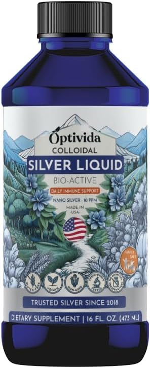 Optivida Colloidal Silver Liquid - 10 PPM Liquid Silver Immune Support, Pure Nano Silver Hydrosol Liquid for Family Wellness - Natural Silver Water for Adults & Kids, Non-GMO, 3rd Party Tested - 16 Oz