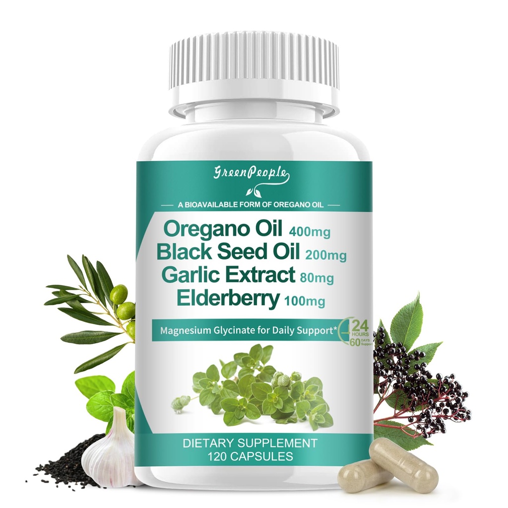 Organic Oregano Oil Capsules – 11-in-1 Blend with Black Seed Oil, Elderberry, Garlic, Olive Leaf– Magnesium & Black Pepper for Absorption – Immune, Respiratory & Digestive – Vegan, Non-GMO, 120 Ct