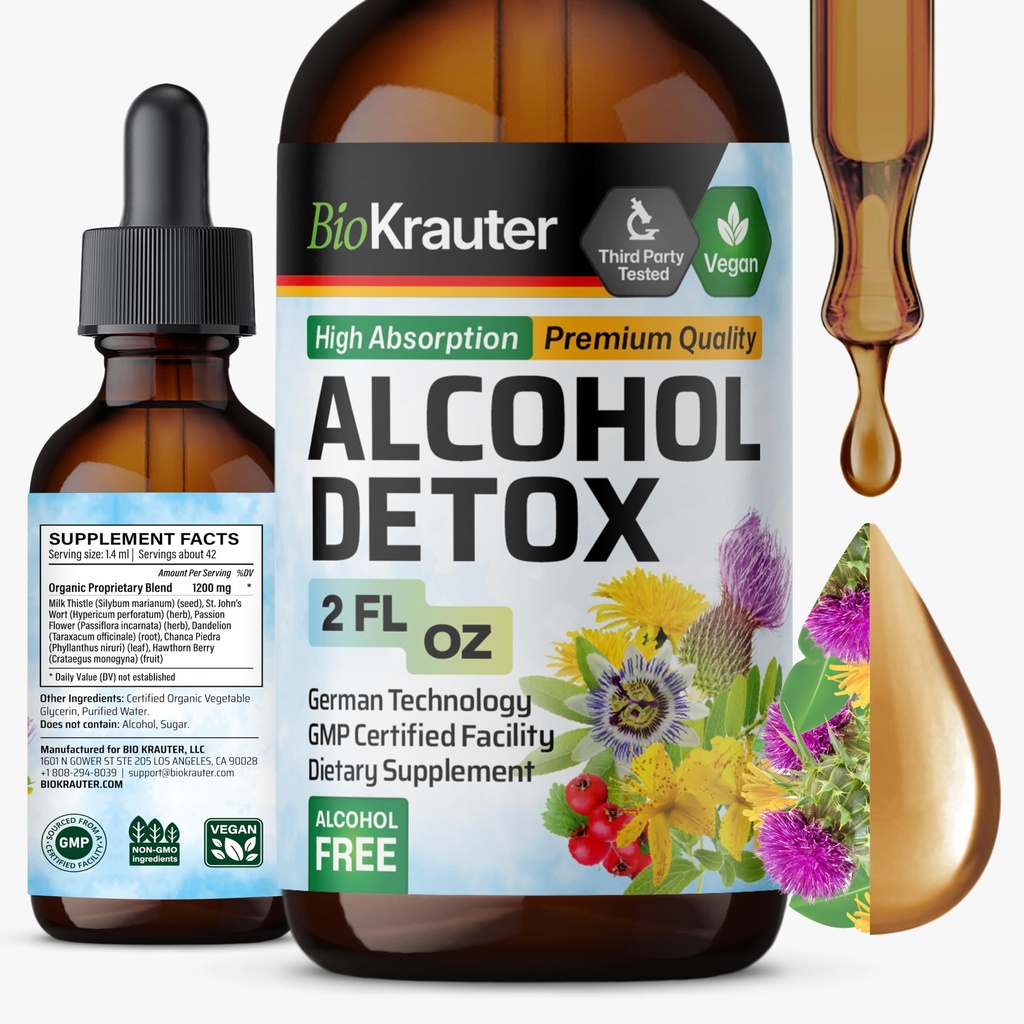 BIO KRAUTER® 6-in-1 Alcohol Detox - Vegan Liver Support Supplement - Milk Thistle, Dandelion Root, Chanca Piedra, Hawthorn Berry 1200 mg per Serving, 2 Fl.Oz., 14-Day Supply, Alcohol & Sugar Free