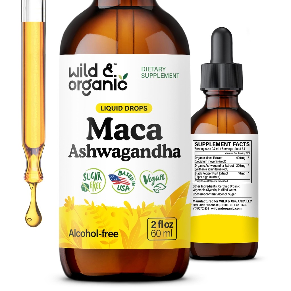 Wild & Organic Maca Ashwagandha Drops for Men and Women - Peruvian Maca Root and Ashwagandha Tincture for Overall Support - Vegan, Sugar & Alcohol-Free Extract Supplement - 2 fl oz
