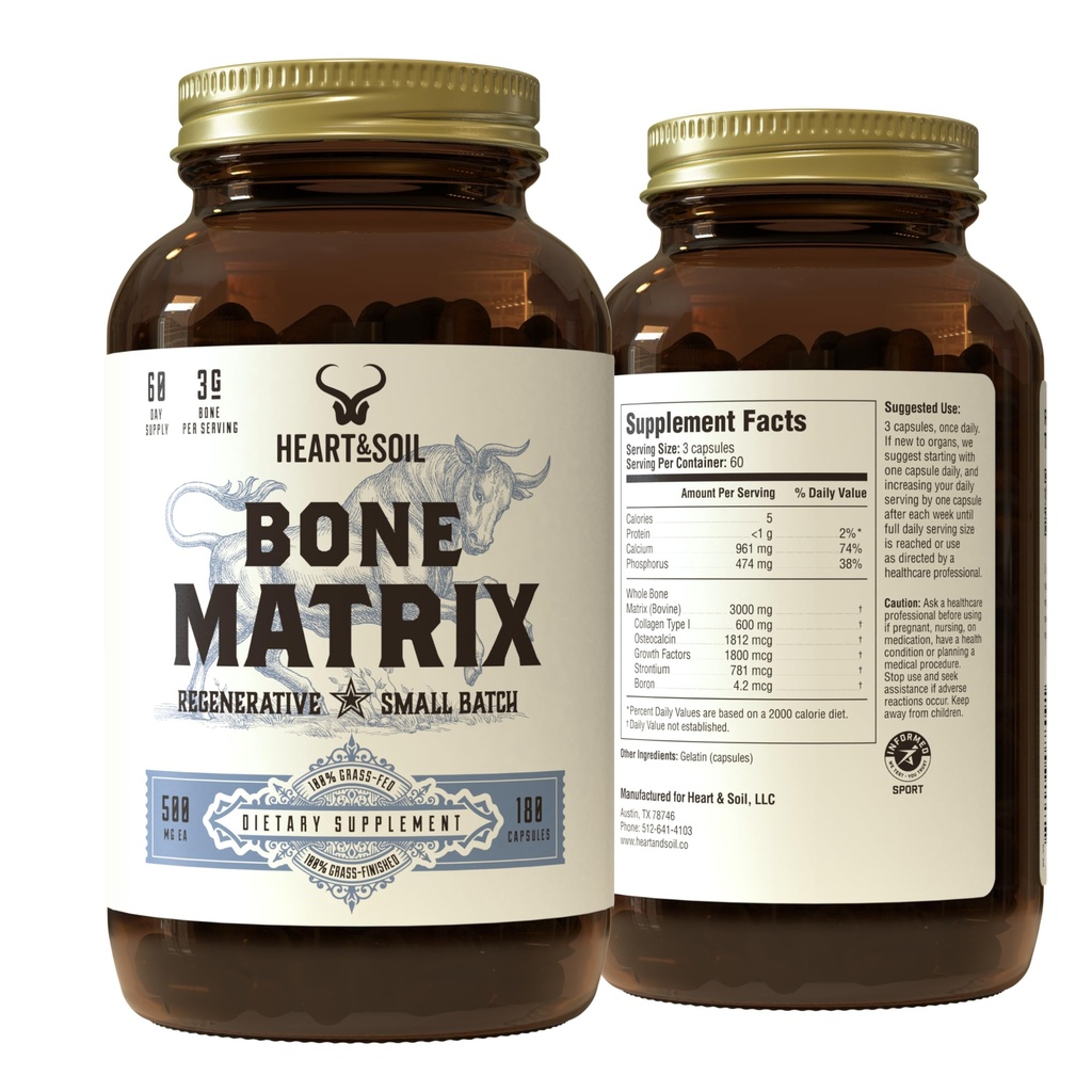 Heart & Soil Grass Fed Bone Matrix — Supports Bone and Joint Health, Strength, and Flexibility (180 Capsules)