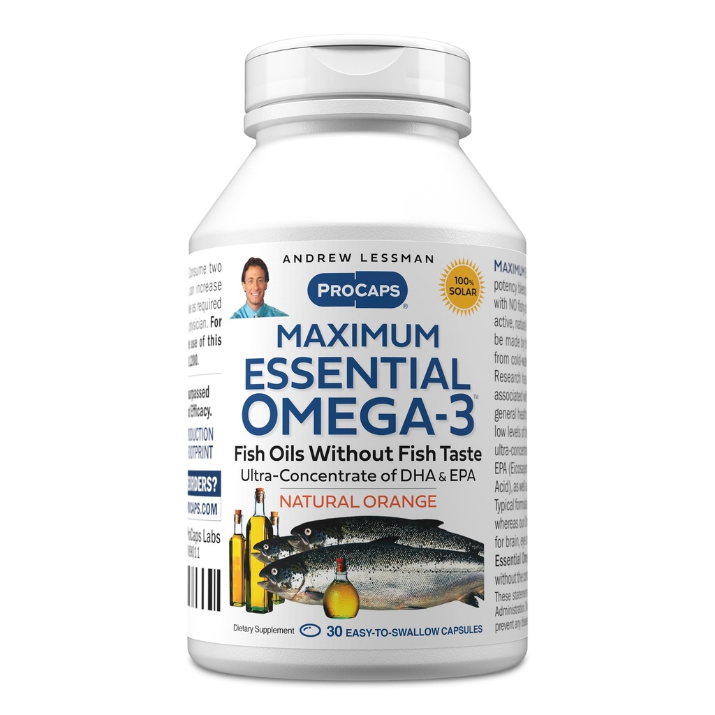 ANDREW LESSMAN Maximum Essential Omega-3 Orange - 30 Softgels - Ultra-Pure, High Potency Omega-3 Oils. High DHA, No Stomach Upset, No Contaminants, No Mercury. Small Easy to Swallow Softgels