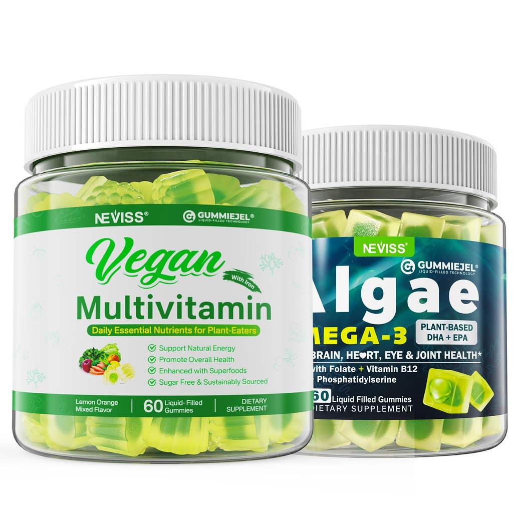 Vegan Omega 3 Gummies 1000mg with Vegan Multivitamin for Women Men with Iron, Vitamin B12, A, D3, K2, Algae Omega 3, Magnesium, Zinc