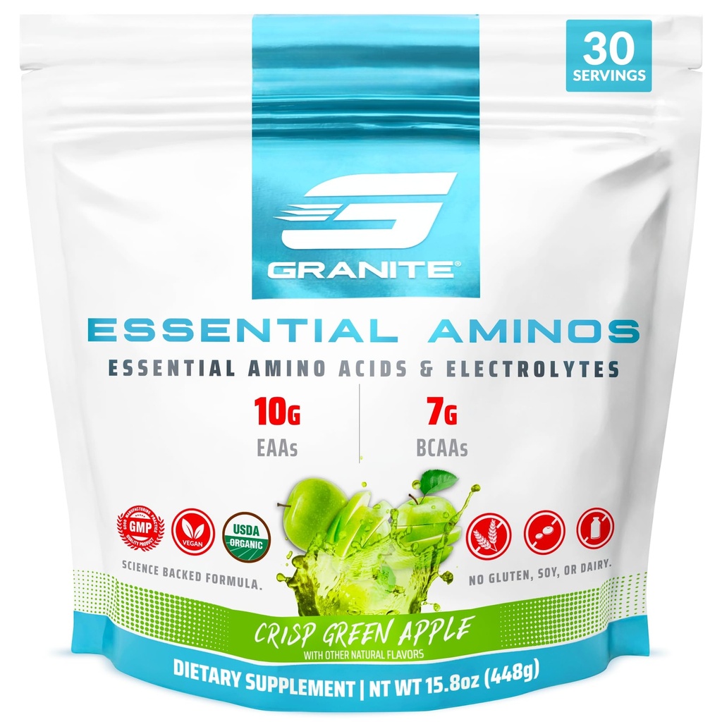 Granite Essential Amino Acids Powder, Green Apple Flavor, with 10g EAAs and 7g BCAAs, Supports Muscle Recovery & Growth, Soy-Free, Gluten-Free (30 Servings)
