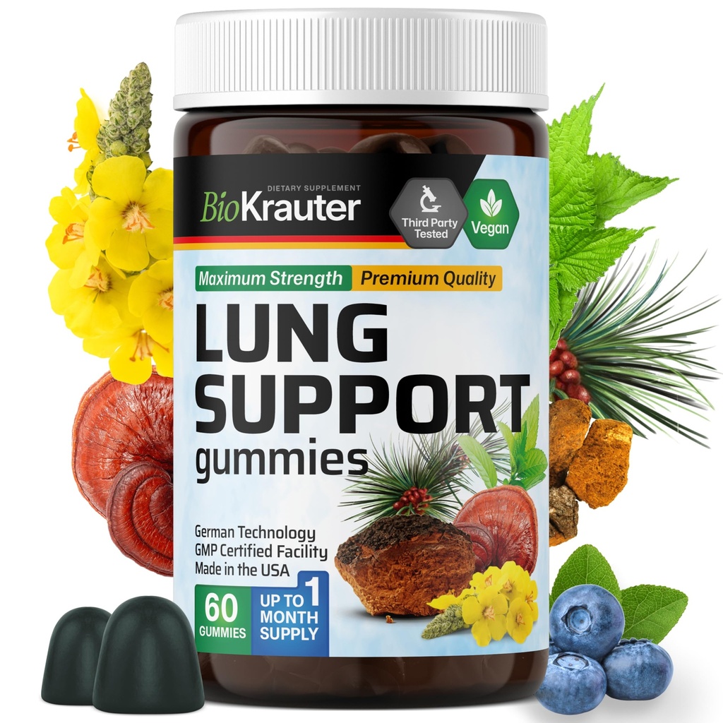 BIO KRAUTER® 8-in-1 Lung Detox for Respiratory Support - Lung Сleanse Gummies Mushroom & Herbal Supplements - 60 Mullein Gummies with Vitamin C, 30 Days of Supply, Blueberry Flavor, Non-GMO