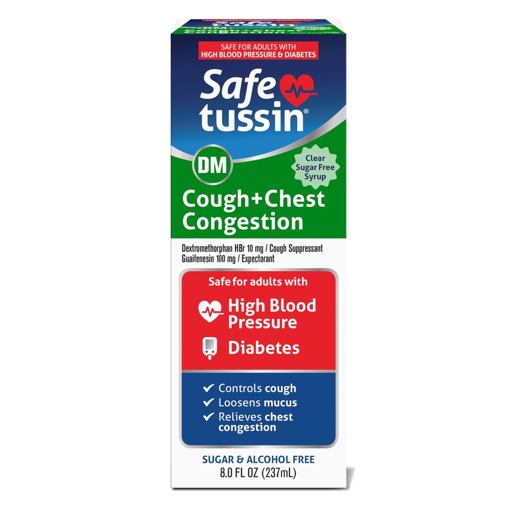 Safetussin DM Cough & Chest Congestion, 8 oz, Expectorant Mucus Relief, Cough Relief Syrup, Safe for Adults with High Blood Pressure & Diabetes