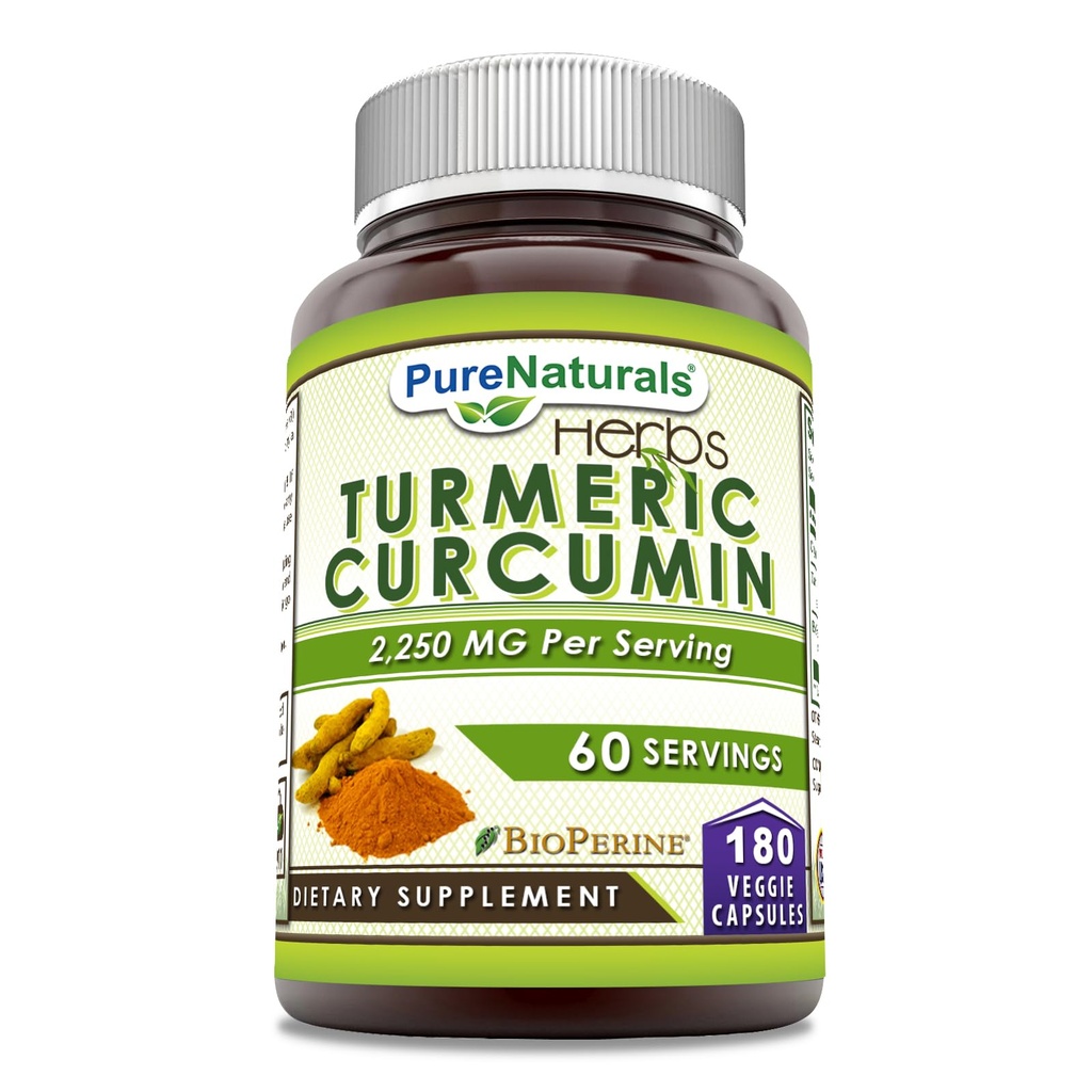 Pure Naturals Turmeric Curcumin with Bioperine 2250 mg Per Serving Supplement | Veggie Capsules | Non-GMO | Gluten Free | Made in USA (1 Pack, 180 Count)