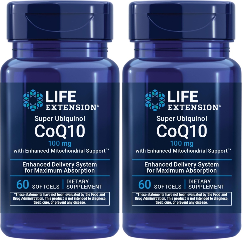 Life Extension Super Ubiquinol CoQ10 with Enhanced Mitochondrial Support, Potent Heart Health & Cellular Energy Production Support,Ultra-absorbable,Gluten-Free,Non-GMO, 100 mg, 60 softgels (Pack of 2)