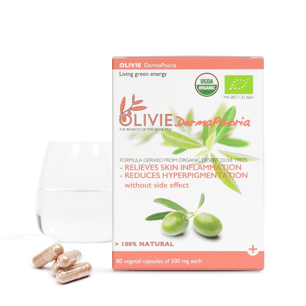 Olivie DERMAPSORIA Organic Olive Leaf Extract Skin Supplement, 80 Capsules | Polyphenol-Rich Antioxidant Supplement for Psoriasis, Eczema & Hyperpigmentation, Vegetal Capsules