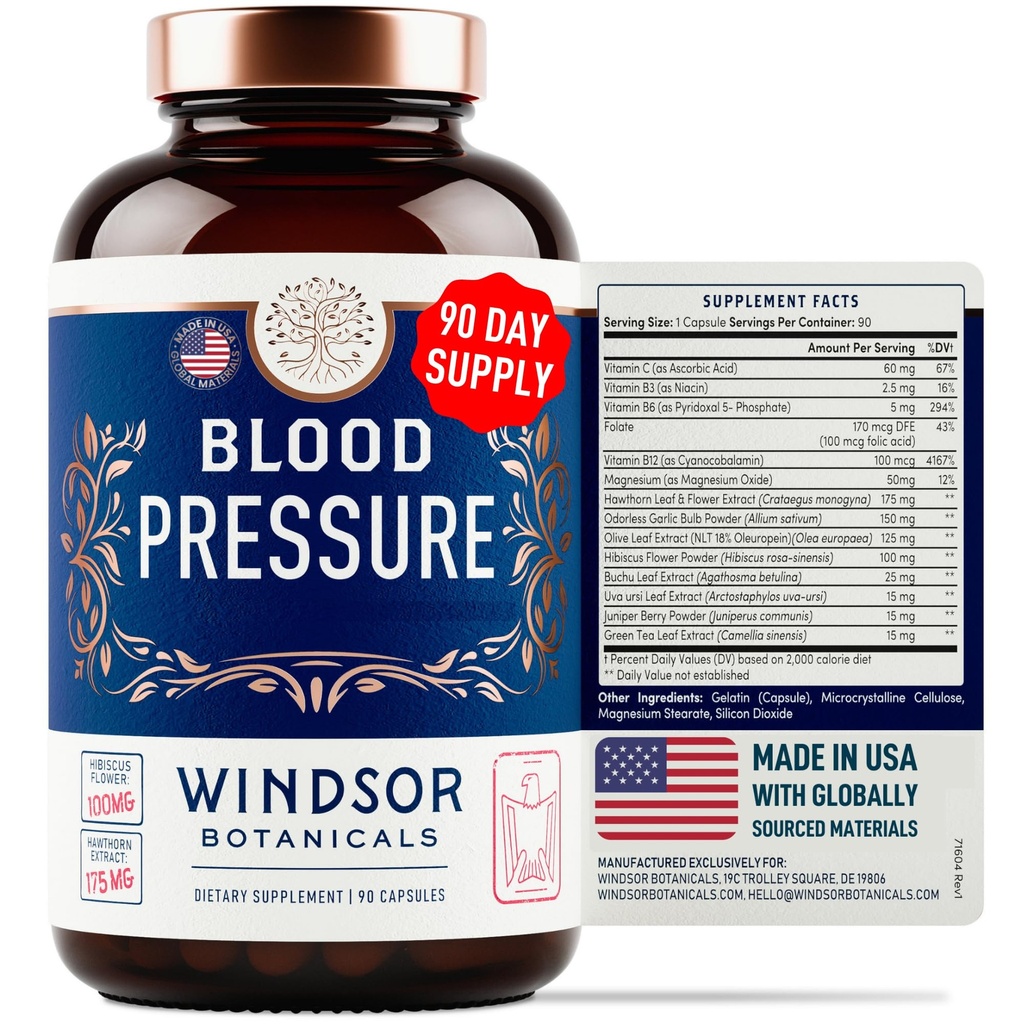 Blood Pressure Support Supplement - Green Tea, Hibiscus, Hawthorn, Garlic - Blood Pressure Vitamin, Mineral and Activated Naturals - 3 Month Supply, 90 Capsules