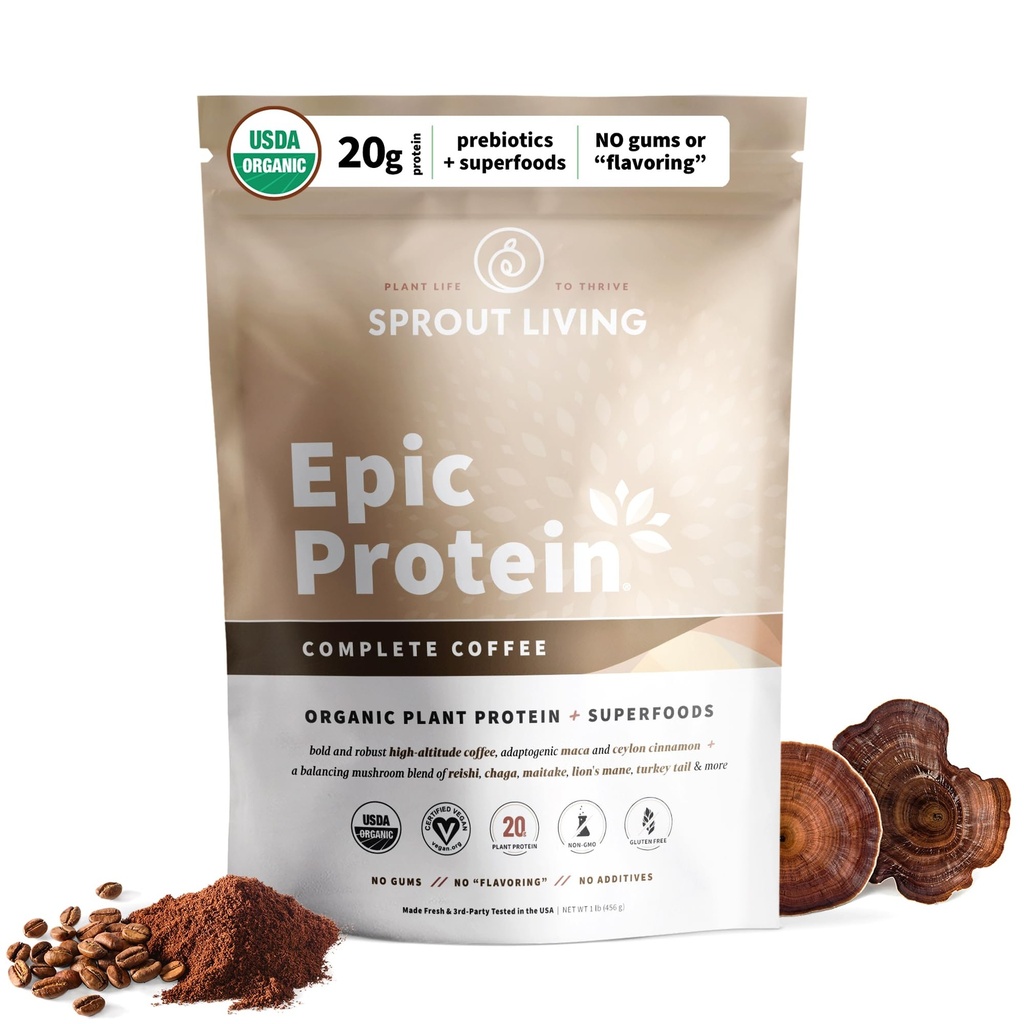 Sprout Living, Epic Protein, Plant Based Protein & Superfoods Powder, Complete Coffee | 20 Grams Organic Protein Powder, Adaptogens, Mushrooms, Vegan, Non-GMO, Gluten Free (1 Pound, 12 Servings)