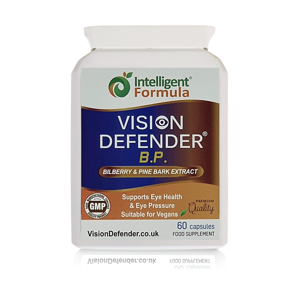 Vision Defender BP Eye Supplement for Healthy Eye Pressure 60 Caps | Bilberry & pine bark eye supplement with standardized botanical extracts for eye wellness and healthy fluid balance. UK made