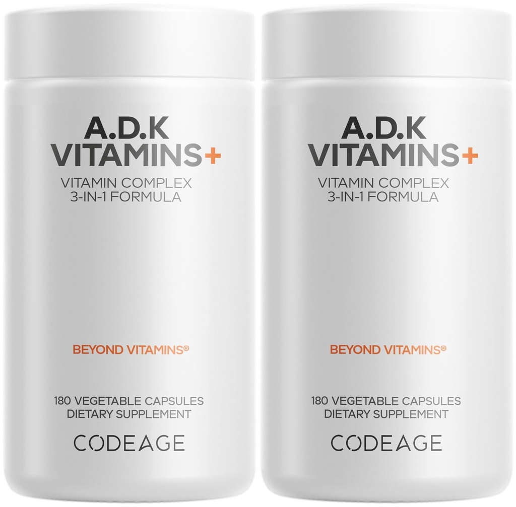 Codeage ADK Vitamins Supplement - Essential Vitamin A, D3 5000 IU, K1 & K2 (MK4 & MK7) - 6-Month Supply - 1 Capsule per Serving, Non-GMO, Gluten-Free - 2-Pack
