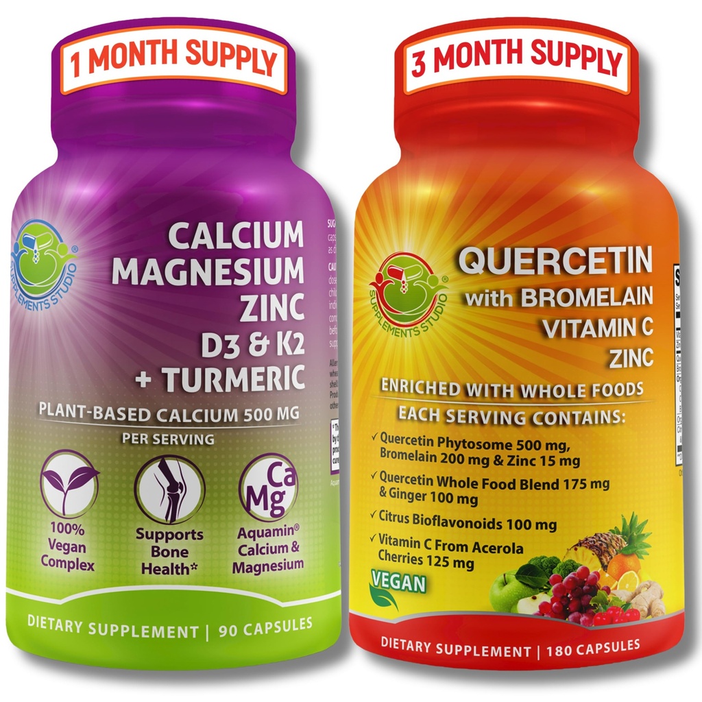 Quercetin with Bromelain, Vitamin C & Zinc + Plant-Based Calcium, Magnesium, D3, K2 & Turmeric – 100% Vegan Supplement Bundle for Immune & Bone Support