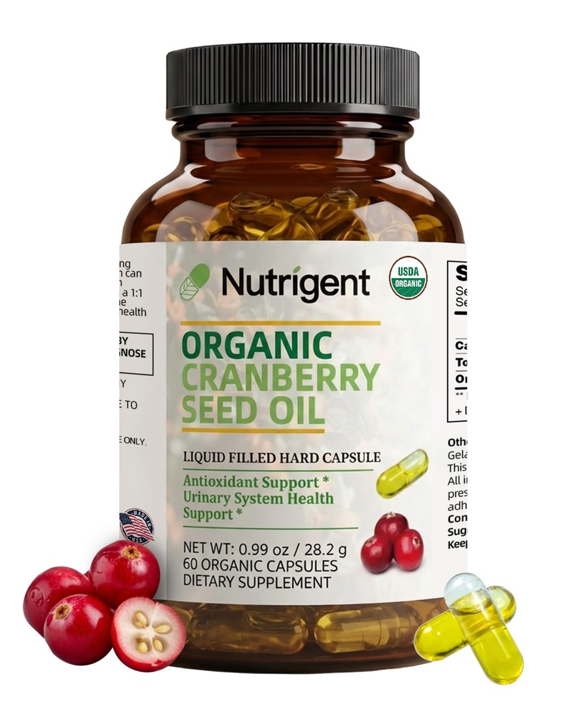USDA Organic 100% Pure Cranberry Seed Oil 940 mg, Plant Sourced Omega 3-6-9 Fatty Acids, Liquid Organic Capsules, Urinary Health & Skin Health Support, 60 Capsules