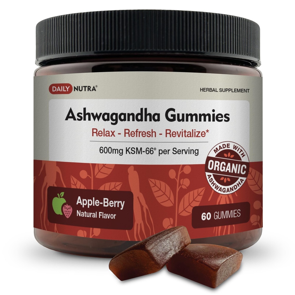 KSM-66 Ashwagandha Gummies - 600mg Organic Root Extract per Serving - Delicious Natural Apple-Berry Flavor | Supports Relaxation, Focus, & Energy (60 Gummies)