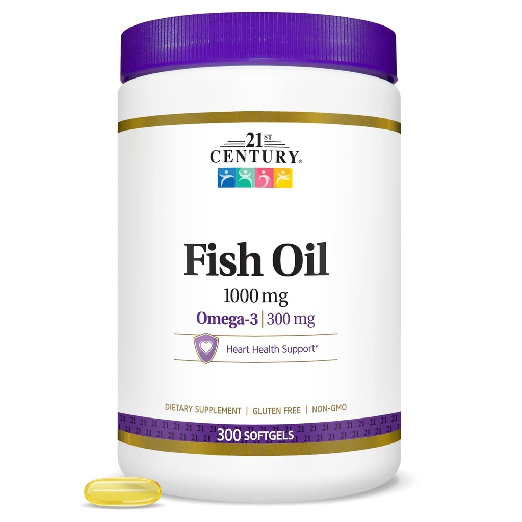 21st Century Fish Oil 1000 mg Softgels, (300 Count), Molecularly Distilled, Omega 3 Supplement with EPA & DHA, Purified to Eliminate Mercury, Supports Cardiovascular Health, Gluten Free & Non-GMO