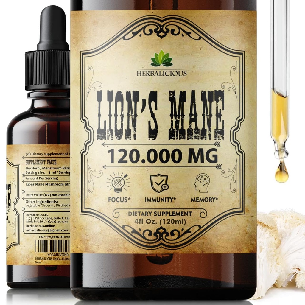 Lion's Mane Extract 4 fl oz Liquid – Natural Mushroom Supplement Tincture for Brain, Memory, Mental Clarity & Focus – Immune Support – High Potency Formula – 90-Day Supply