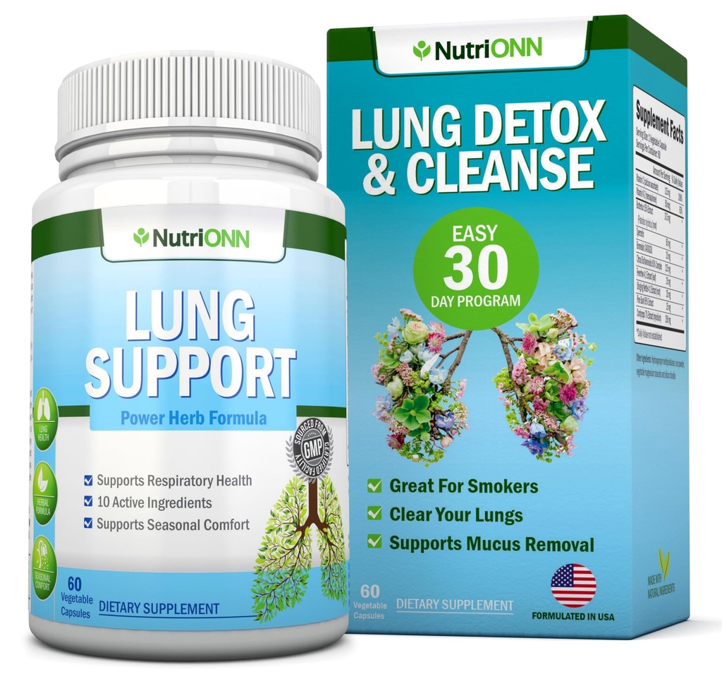 NutriONN Lung Detox and Cleanse - Great for Smokers - Extra Strength - 100% Herbal Lung Health Supplements - Mucus Removal Support - Promotes Respiratory Health - Natural Way to Keep Your Lungs Clear