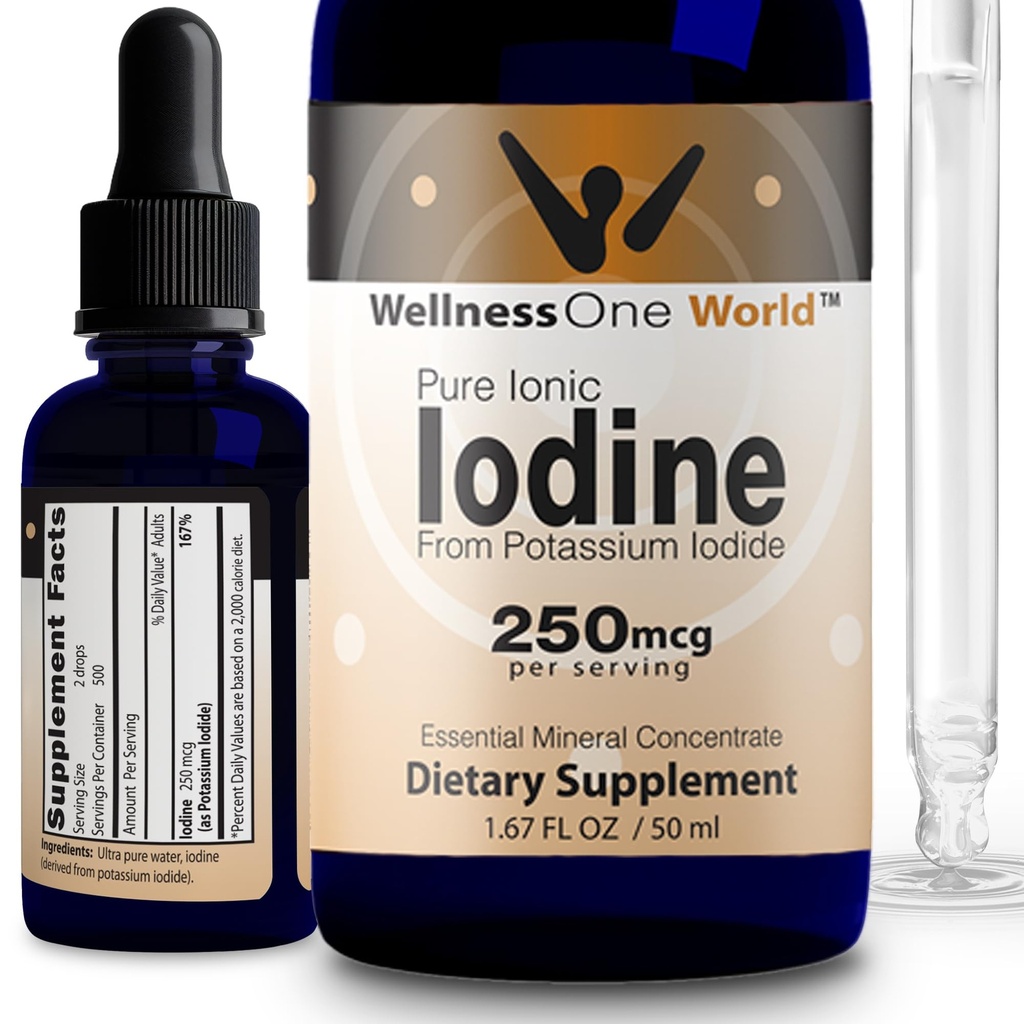 WellnessOne Iodine Drops for Thyroid Support - Fast Acting Liquid Iodine Supplement from Potassium Iodide - Great for Immunity & Cognition & Maximizes Iron Absorption - 1.67 fl oz