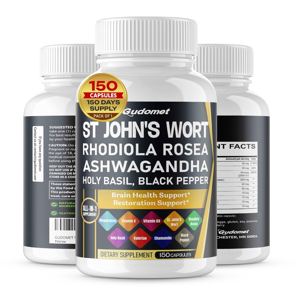 St. John's Wort Rhodiola Rosea Ashwagandha Holy Basil Valerian Chamomile Black Pepper -150 Capsules